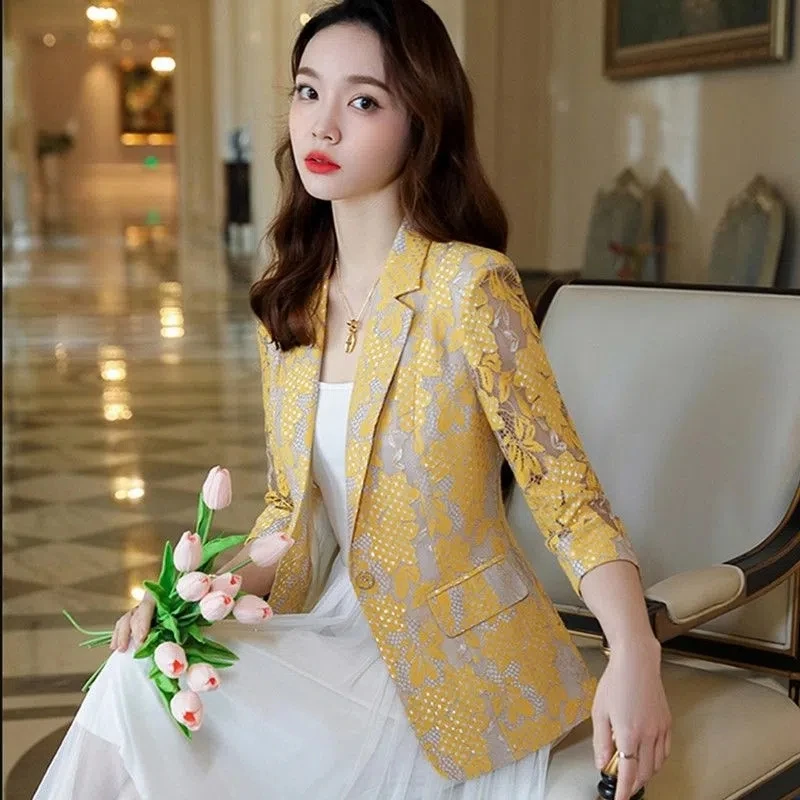 Women's Blazer Jacket Korean 2025 Spring Summer New Slim Lace printing Small Suit Jackets Ladies Elegant Thin Blazers Women Coat