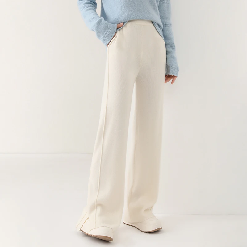 100% Australian wool knitted wide leg pants for women with sagging and split straight leg pants in autumn and winter