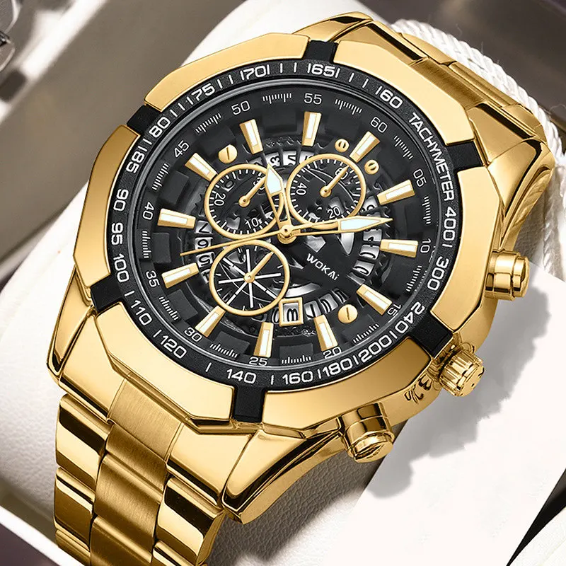 Gold Silver Luxury Men\'s Watches Stainless Steel Fashion Quartz Watch For Man Calendar Male Clock Business Relojes Hombre