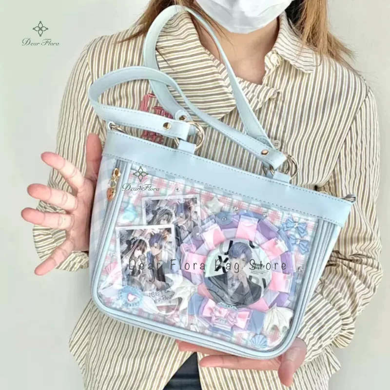 Y2K Cute Large Capacity Transparent Tote Bag Kawaii Lolita Crossbody Ita Bag Girl Simple Casual Shoulder Bag DIY Display Handbag