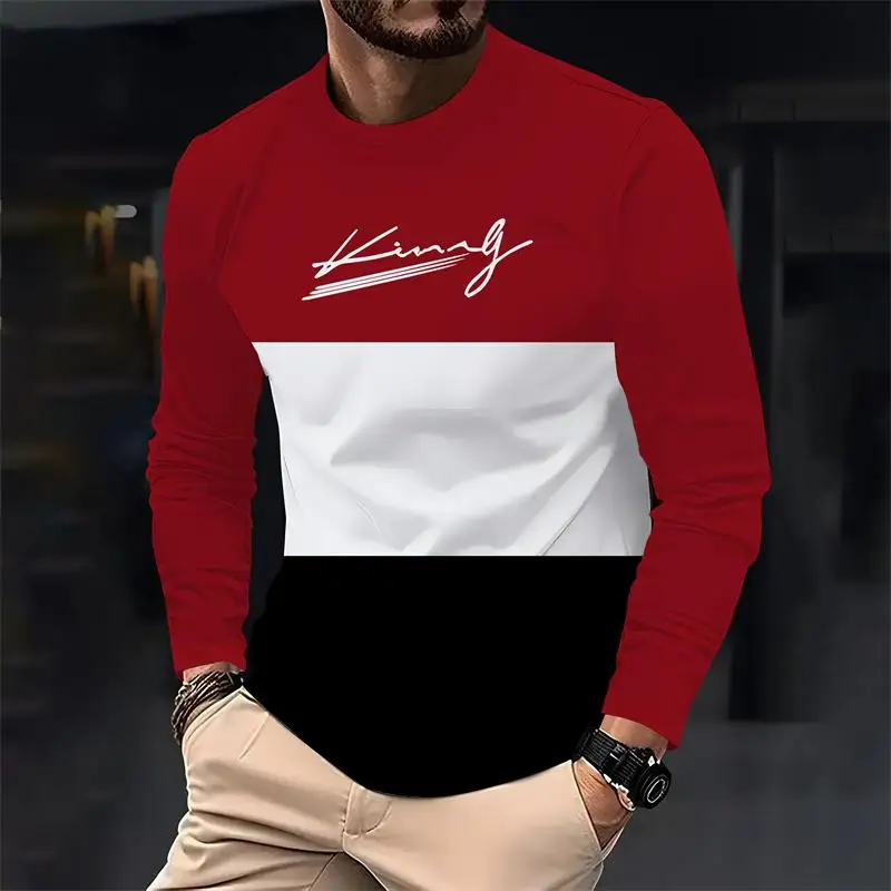 

Spring autumn men's casual loose long-sleeved T-shirt Fashion micro elastic round neck printed T-shirt comfortable men's wear