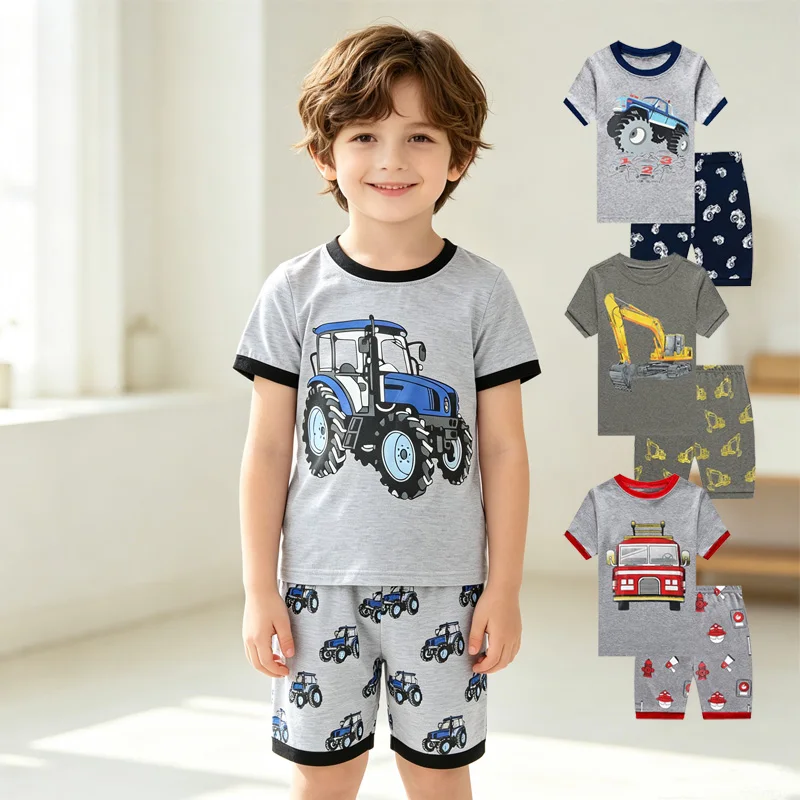 Little Hand Toddler Boys Pajamas 100% Cotton Summer 2pcs Pjs Set Off-road Vehicle Pattern Short Sleeve Homewear for 2-7T Kids