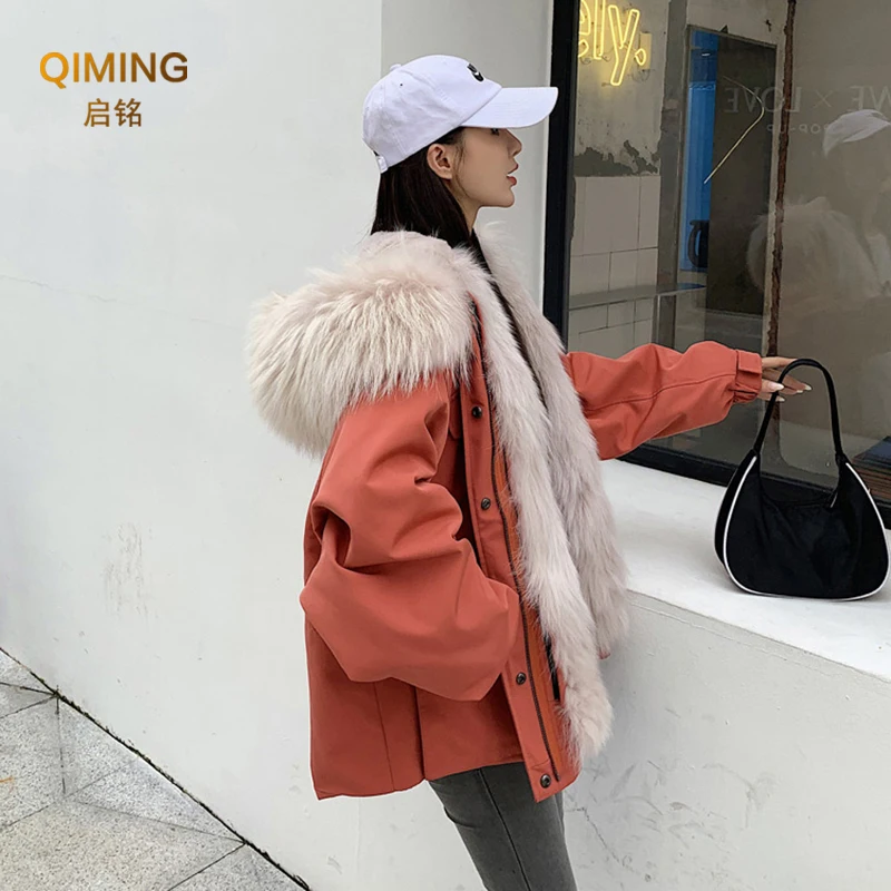 Parka Real Fur Coat Women Raccoon Fur Collar Lined Coat Fox Fur Coat Winter Ladies Rex Rabbit Hair Detachable Liner Short Coats