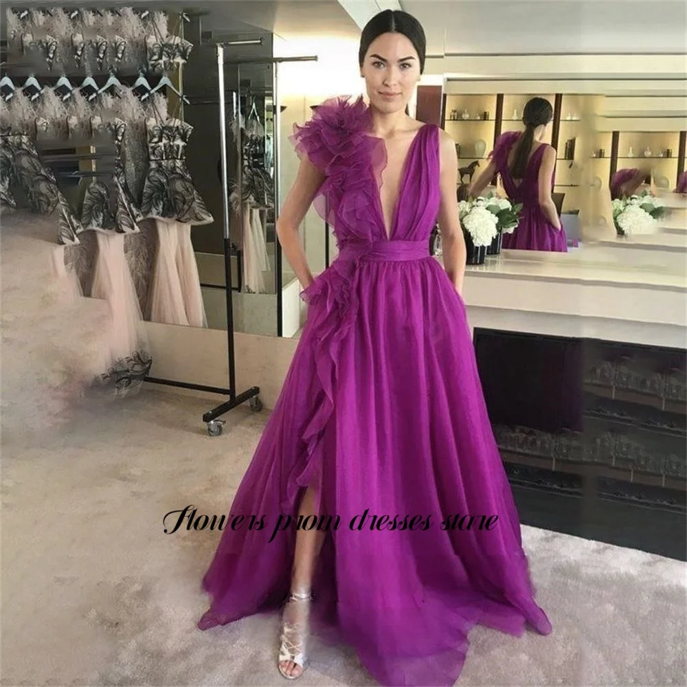 

Flowers A-line Prom Dresses Side Split Maxi Vestidos De Fiesta Deep V-neck فساتين السهرة Sleeveless Layer Evening Dresses