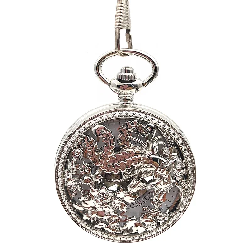 

New Arrival Antique Style Silver Tone Pocket Watch Mechanical Men's Steampunk Vintage Hand-Wind Engraved Skeleton Case Nice Gift