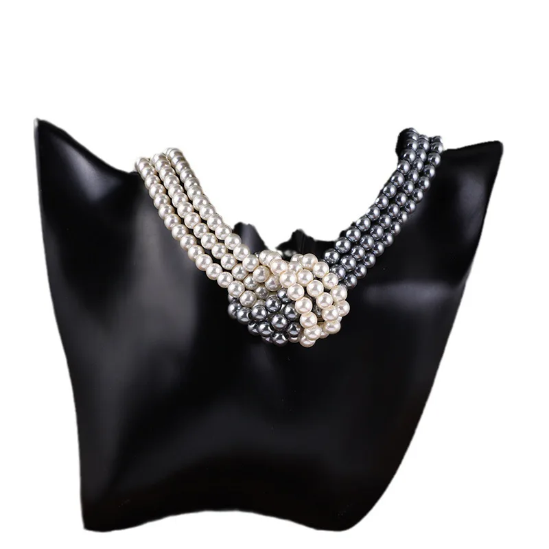 Stylish multi-layer pearl high quality necklace black and white gray white modern
