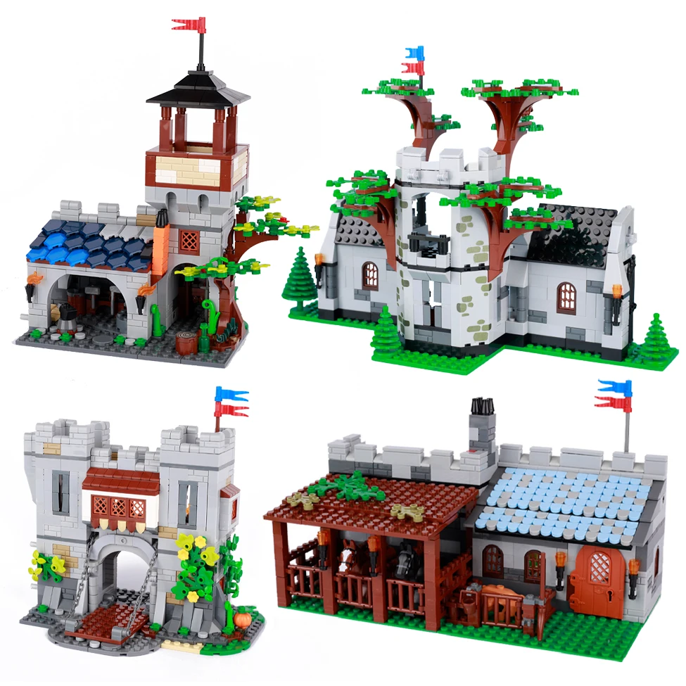 MOC Medieval Military Knights Castle Burg Building Blocks Kit Middle Age Town Stable Farm Grate Watch Tower Farm