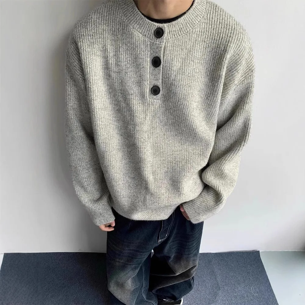 

American Vintage New Fashion Spring Autumn Men's Solid Color Casual Trendy Button Long Sleeve O-neck Knitted Sweaters Male Coats