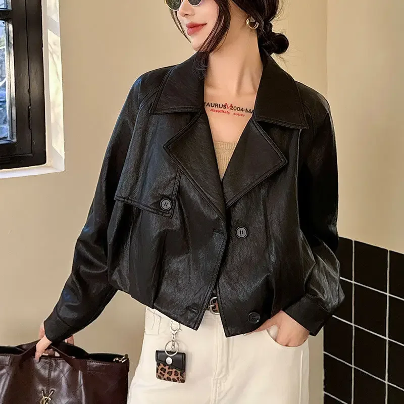 

Women's Casual Cropped Faux Leather Jacket Lapel Collar Short Coat Button Details Vintage Streetwear for Spring & Fall 2026