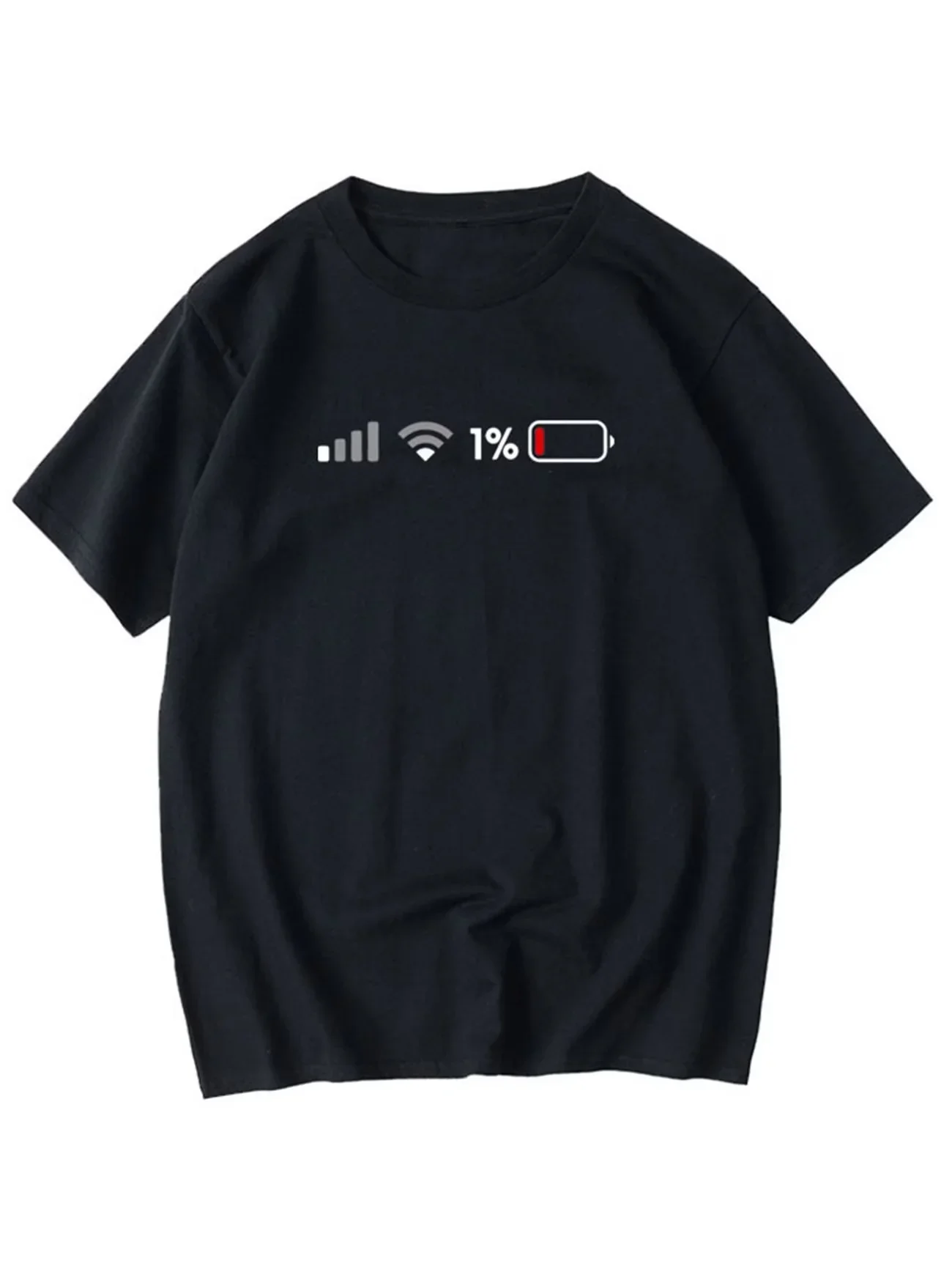 Funny Low Battery 1% T-Shirt Minimalist Phone Icon Graphic Tee Humorous Signal Strength Print Summer Short Sleeve Unisex Top