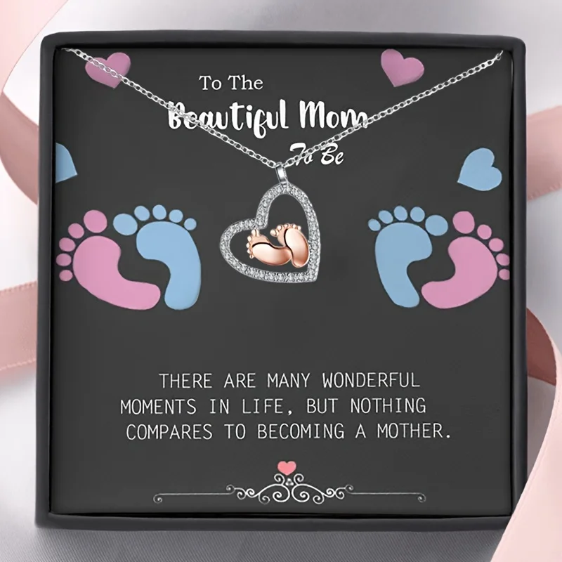 To The Beautiful Mom To Be Feet Heart Necklace Card & Gift Box Dual-Color Electroplated Footprint
