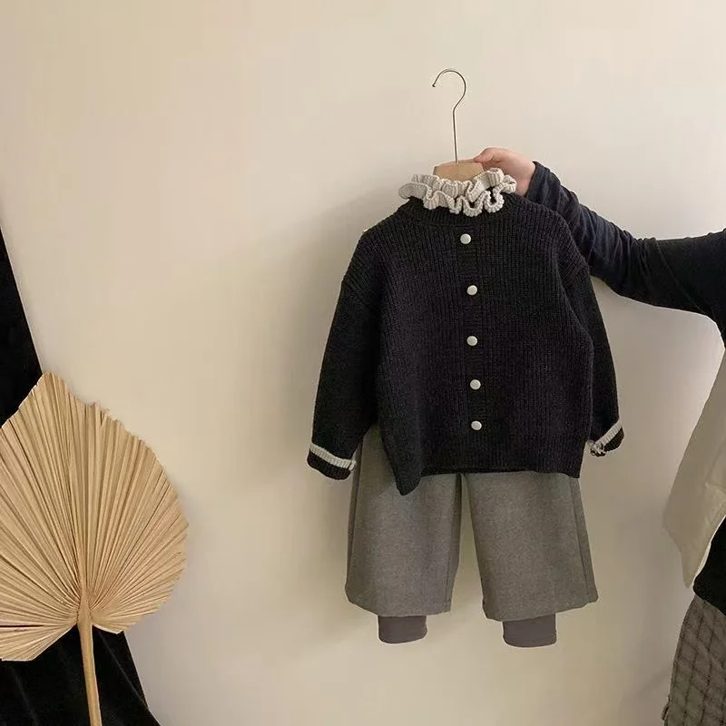 Girls' Korean Version Winter New Lace Collar Pullover Sweater Children's Warm and Fake Two-piece Top Girls' Casual Pants