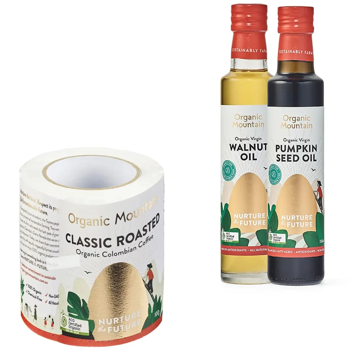 Metallic Gold Foil Label Printing ｜ Custom Adhesive Stamping Stickers for Organic Oil & Coffee Bottle Packaging