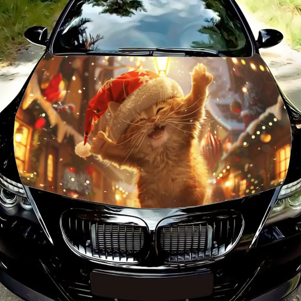 Cheerful Christmas Cat Print Car Hood Wrap Color Vinyl Sticker Truck Graphic Bonnet DIY Auto Accessories Decoration Decal Gift