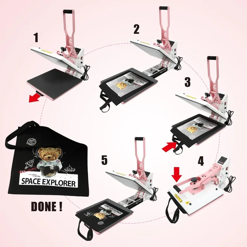 Heat Press 15x15 inch Digital Heat Press Machine, Slide Out Industrial Quality T-Shirt Heat Transfer Machine Pink White