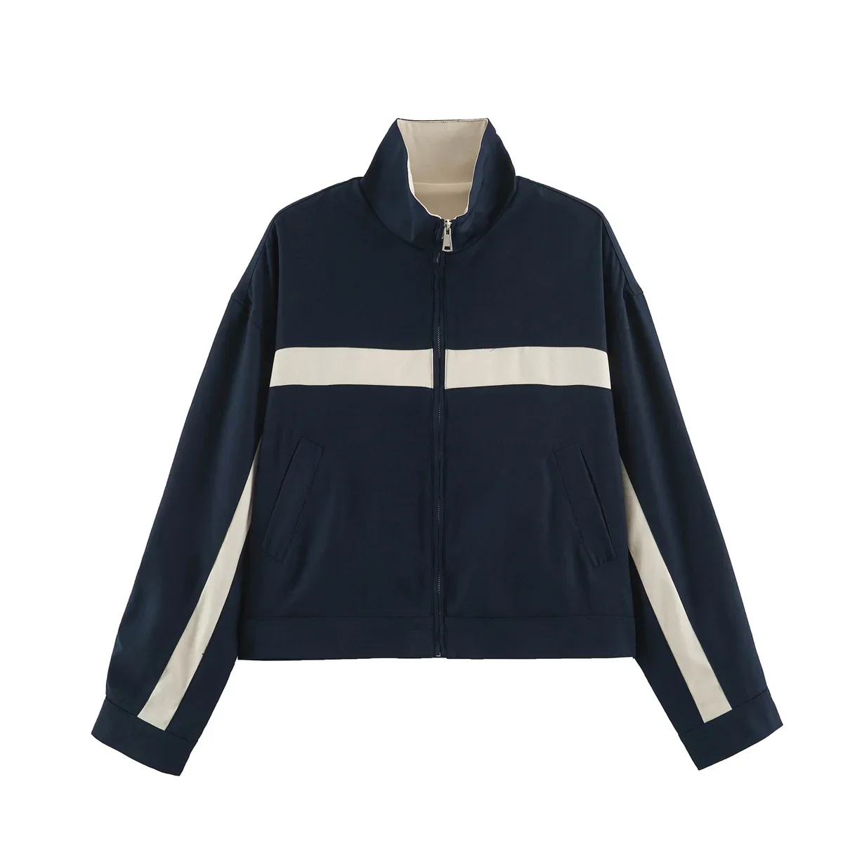 FANAN Damen Kontrast-Streifenjacke mit Reißverschluss Neu 2026 Herbst Stehkragen Langarm Damenmäntel Einfache Damenoberteile – Detail 2