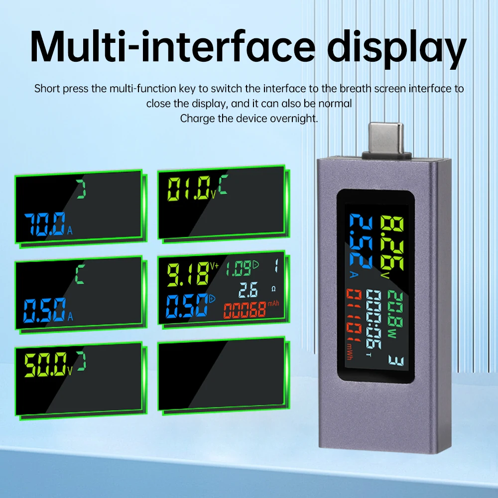 Multi Functional Type-C Voltage Current Power Meter Temperature Timer Color Screen Digital Display Capacity Impedance Tester