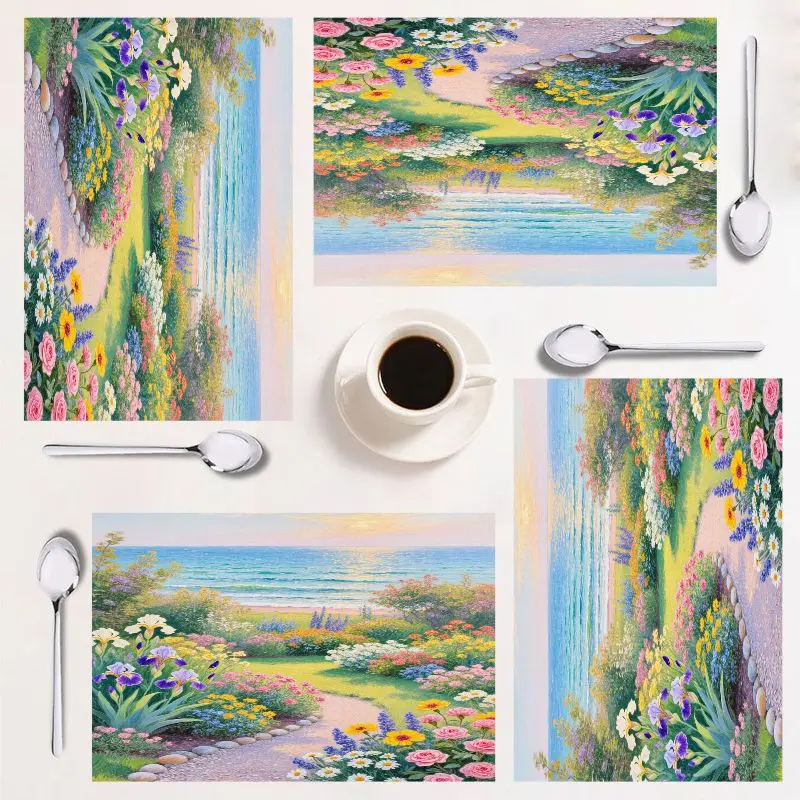 

4-piece rectangular placemat set, floral design, easy to clean, 12×18 inches, perfect for home decor and holidays.