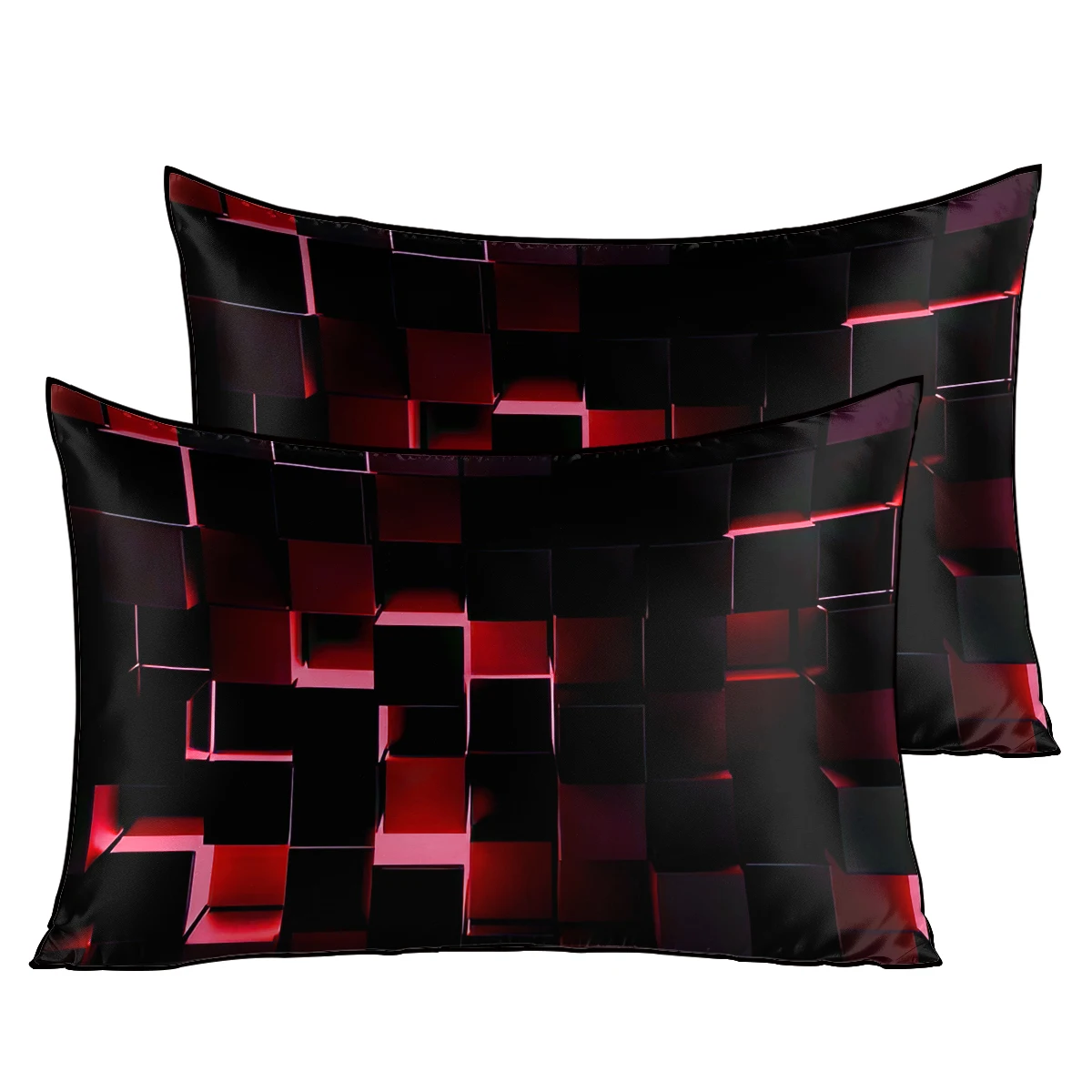 Red and Black Modern Geometric Square Pillow Cover Black Red Digital Dimensional Square Shaped Cubes Pillow Cases Set of 2