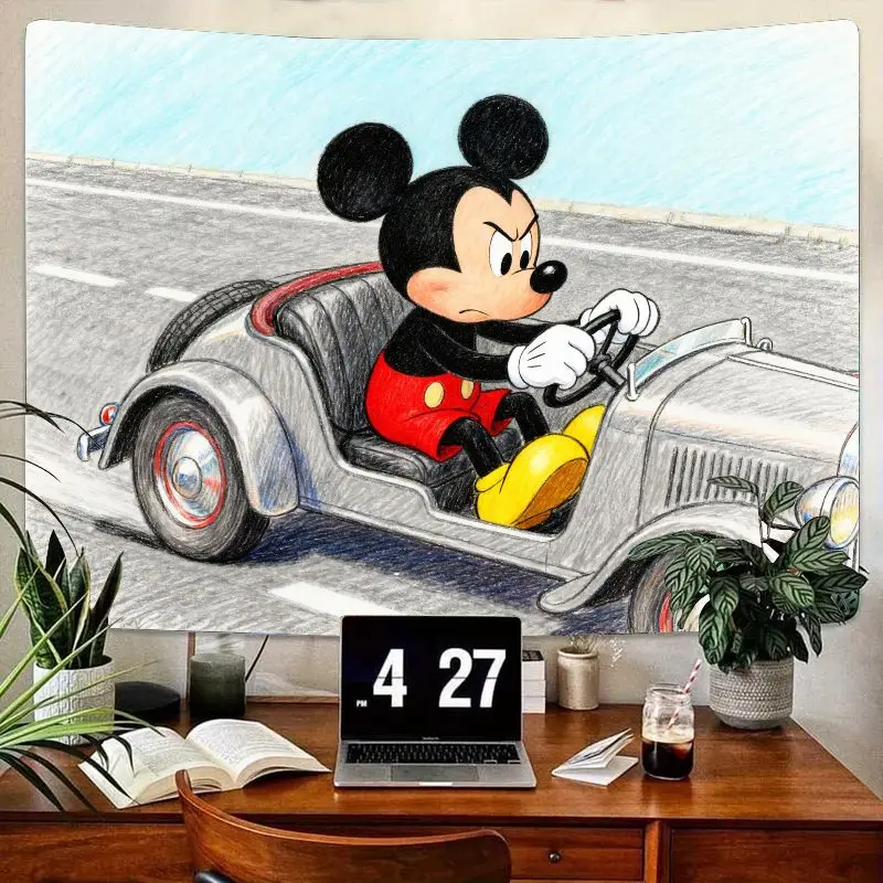 

1 шт., винтажный гобелен с Микки Маусом для вождения автомобиля, классический настенный художественный декор с героями мультфильмов Диснея, полиэстер, подарок для спальни, гостиной для Dis
