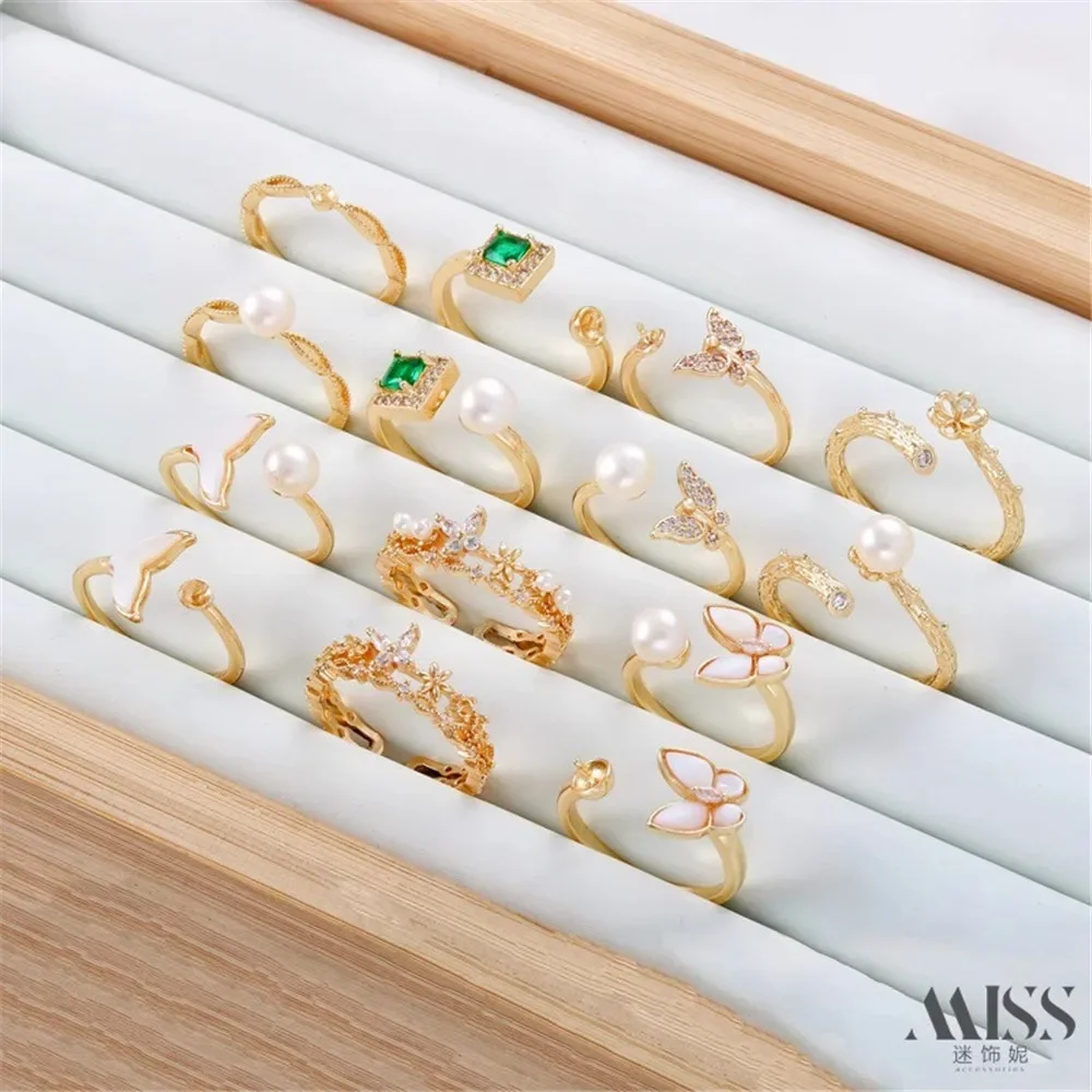 Bague en Zircon incrusté d'or 14K, coquille blanche naturelle, perle papillon, avec bouche mobile et porte-aiguille, accessoires de bricolage