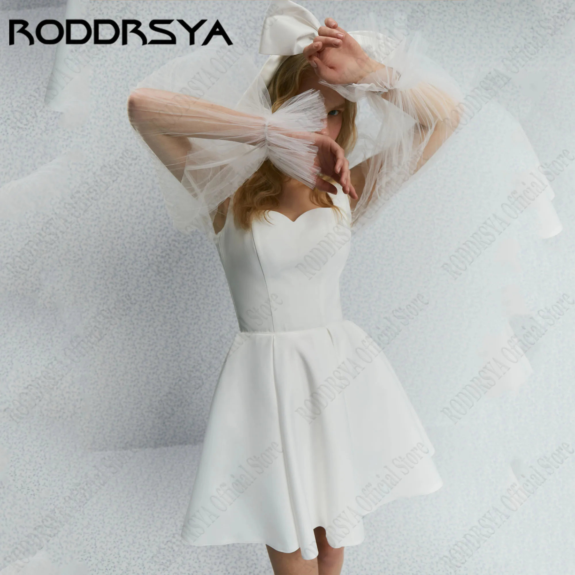 

RODDRSYA Mini Sweetheart Wedding Dress A-Line Puff Long Sleeves Bride Gowns Backless Satin vestidos de fiesta Lace Up Customized