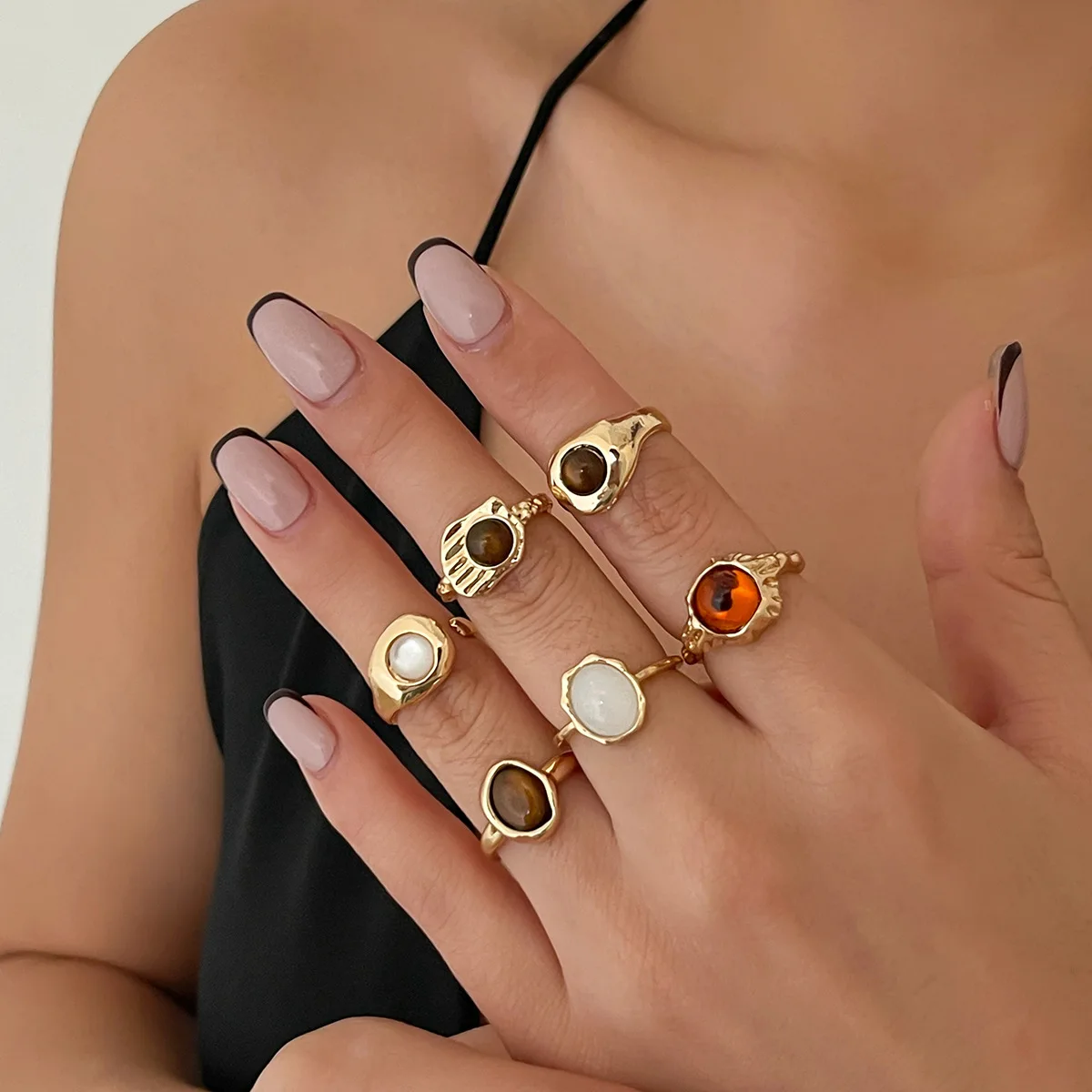 Imitation Pearl Ring Shape Gold Color Adjustable Rings Set for Women Flower Lava Design Open Rings Set Fashion Jewelry Accessory
