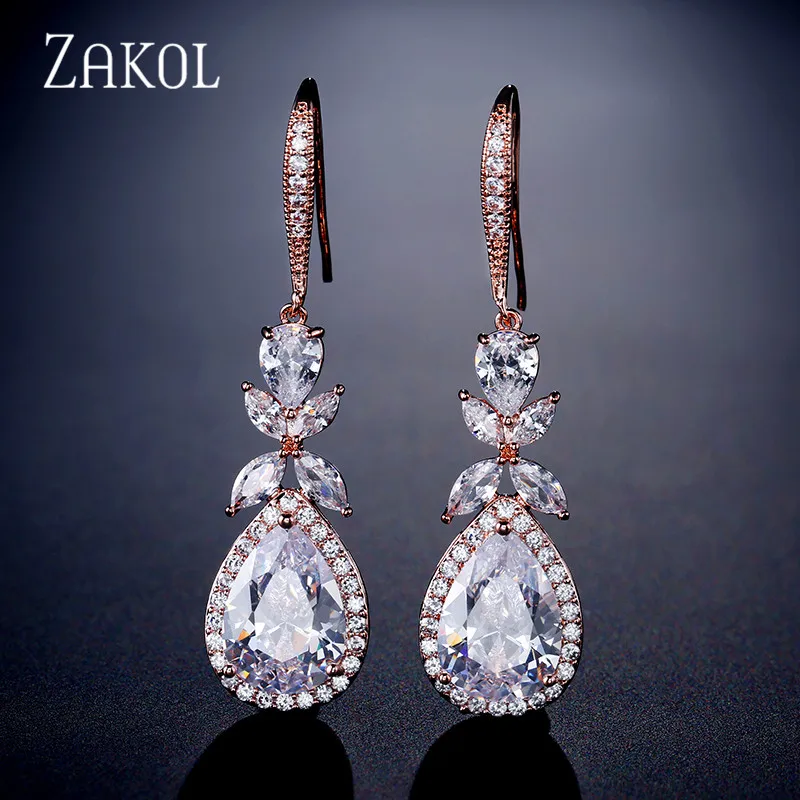 ZAKOL Shinny Water Drop Zirconia Leaf Hook Earrings for Women White Dangle Earrings Fashion Bridal Wedding Jewelry