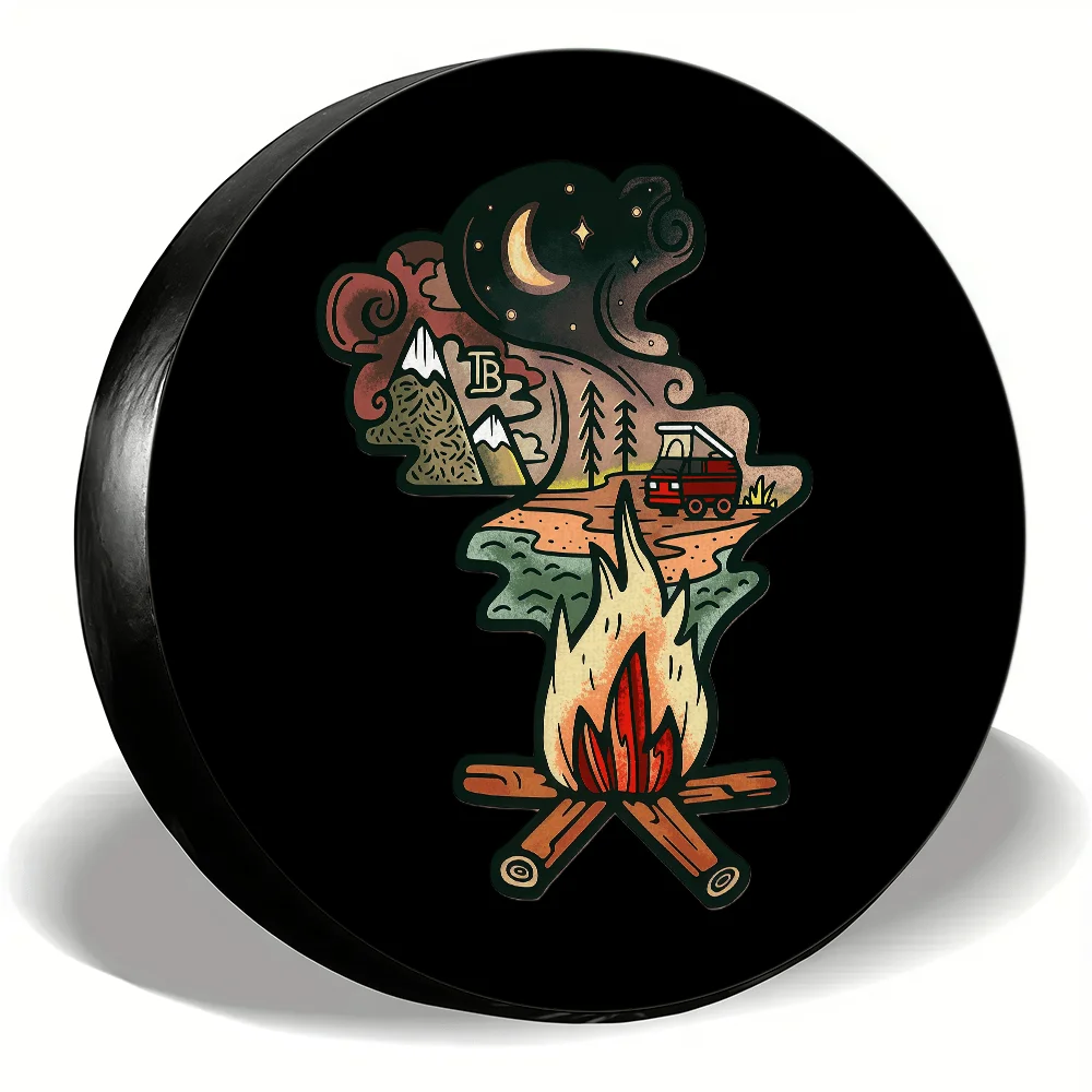 Camping Night Scene Graphic Car Spare Tire Cover 14/15/16/17 Inch Durable Elastic Easy Install for Most Vehicles