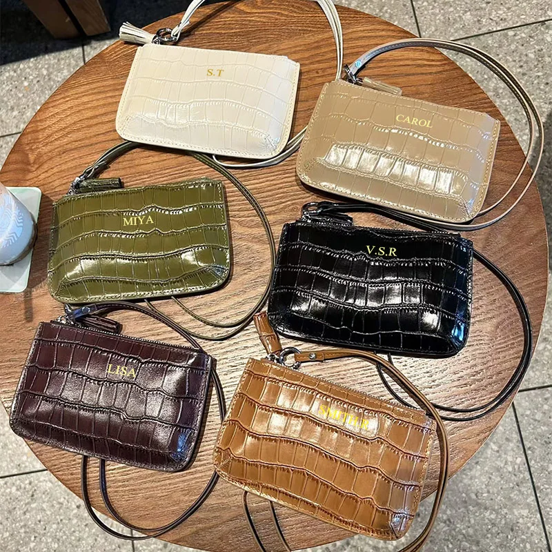 DIY Genuine Leather Crocodile Pattern Coin Purse Custom Name Fashion Luxury Woman Zip Card Wallet With Neck Strap Lady Coin Bag