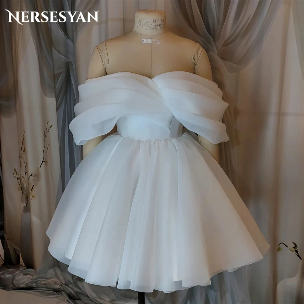 

Nersesyan Organza Pure Wedding Dresses Pleats Off Shoulder A-Line Puffy Bridal Gowns Backless Lace Up Back Solid Bride Dress