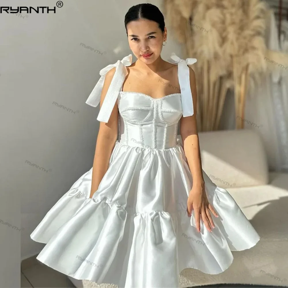 

Ryanth Satin Short Homecoming Dress Bow Straps Wedding Dresses Sweetheart Beaded Ruched Ball Gown Vestido De Noiva Party Night