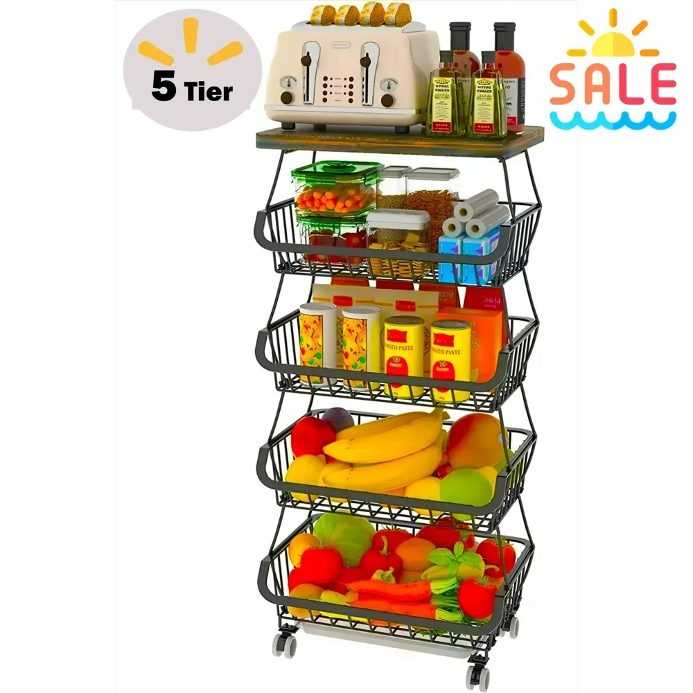 5/6 Tier Fruit Basket for Kitchen Organizers and Storage, Stackable Metal Wire Basket Stand Cart with Wheels for Fruit Vegetable