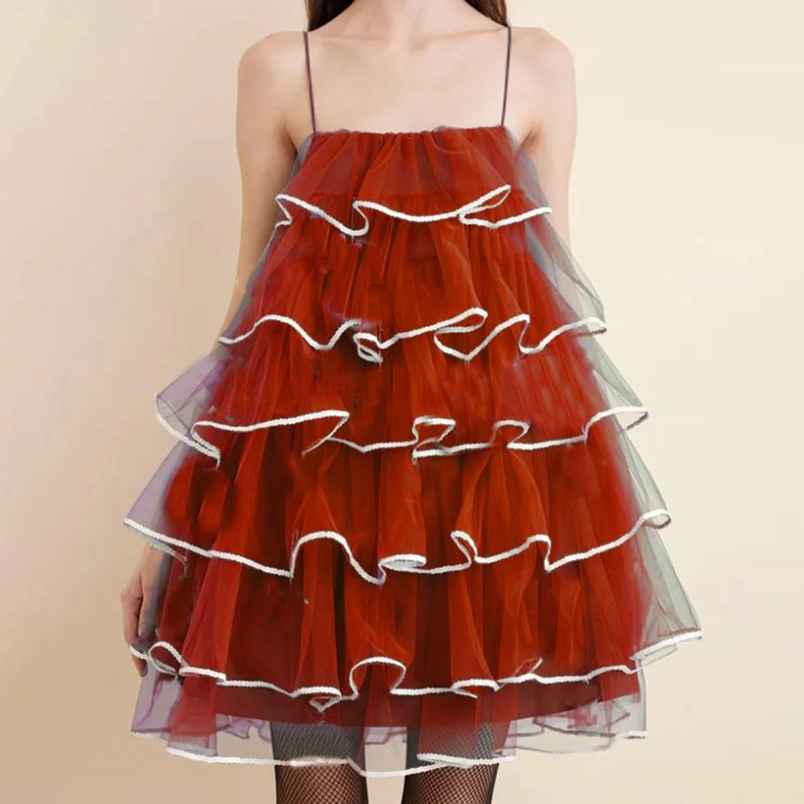 الطبقات تكدرت شبكة التباين اللون تقليم أكمام ألف خط فساتين قصيرة عيد الميلاد المرأة السباغيتي حزام كامي اللباس #6