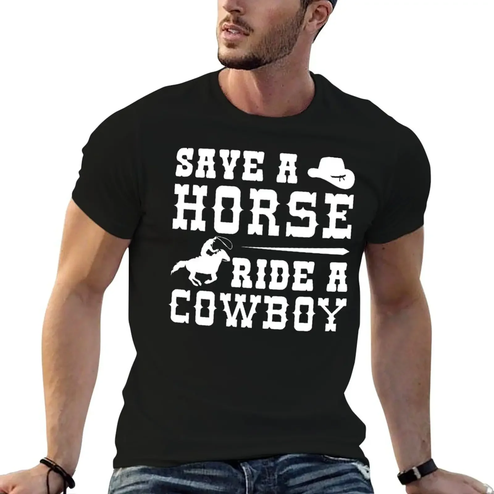 

SAVE A HORSE RIDE A COWBOY T-Shirt plain kawaii clothes Short sleeve tee summer tops Men's t-shirt