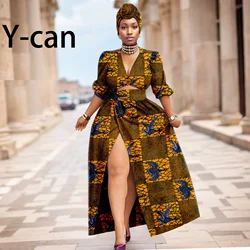 African Women Two Pieces Set 2024 Summer Dashiki Ankara Print Sexy V-neck Top High-waisted Slit Skirt for Party Wedding 2426019