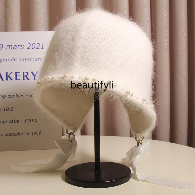 Japanese retro rabbit fur bucket hat autumn and winter elegant bow warm knitted ear hat