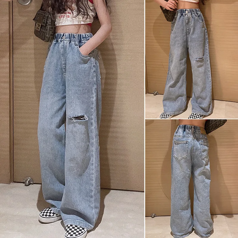 Baby Girl Pants Girls Ripped Floor Jeans 2024 Fall New Medium and Large Children Children Fall Fashion Comfort Wide-leg Pants