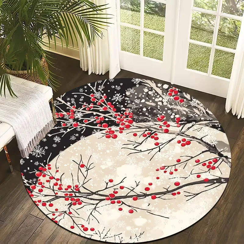 Round Winter Red Berry Snowflake Area Rug Ink Style Snow Branch Pattern Decor Carpet For Living Room Bedroom Holiday Home Decor