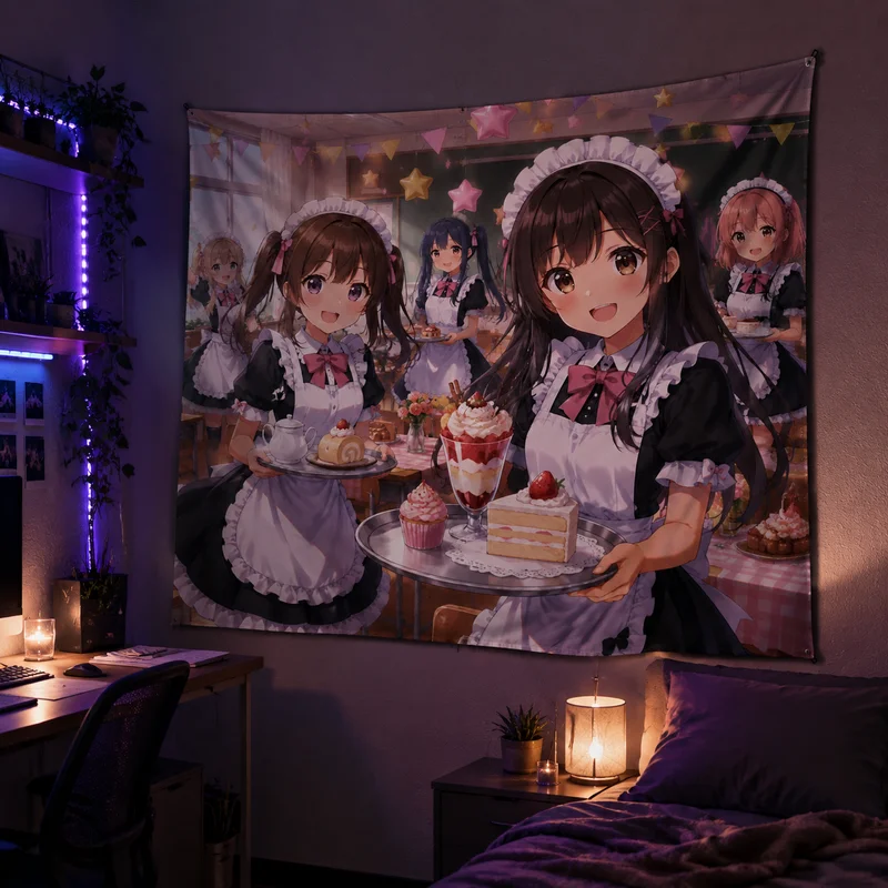VIKAMA Cute Maid Team Anime Wall Tapestry Sweet Warm Style Teen Room Dorm Gaming Room Living Room Hanging Cloth Decor