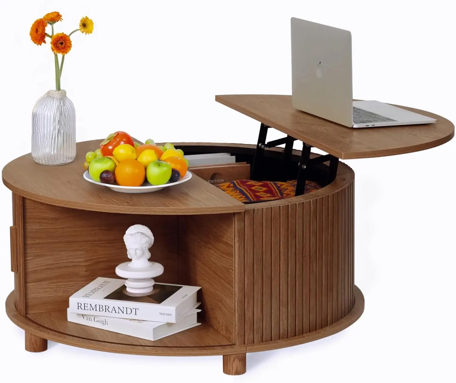 

Round Lift Top Coffee Table with Storage, Mid Century Modern Center Table with 180° Sliding Tambour Door, Small Circle Wood Flut