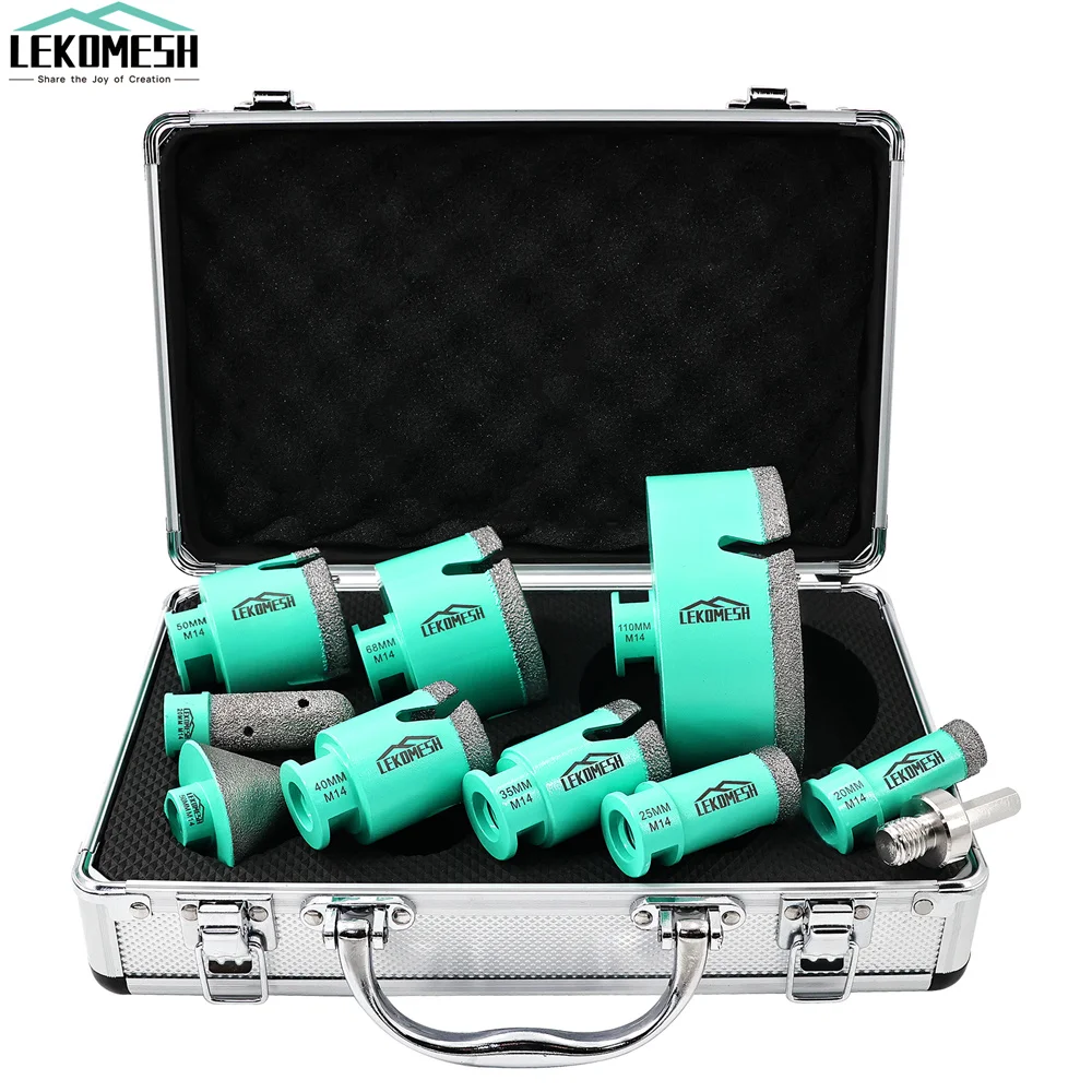 LEKOMESH 10Pcs Diamond Core Drill Bit Sets Dia20/25/35/40/50/68/110mm Ceramic Marble Hole Saw+50mm Chamfer Bit+20mm Finger Bit