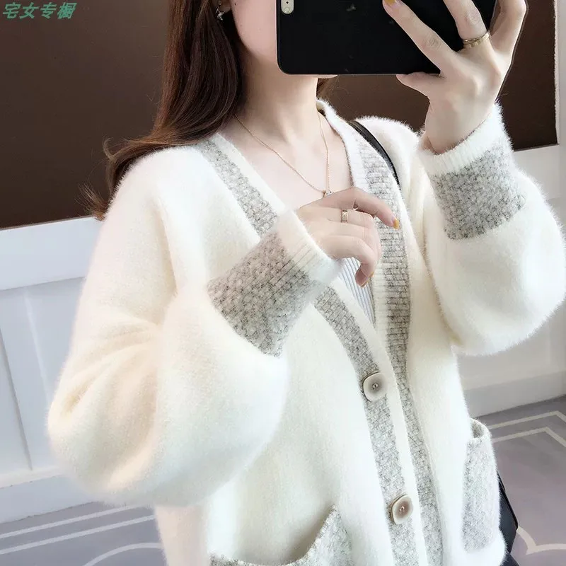 Women Fuzzy Knit Cardigan V Neck Color Block Patchwork Sweater Coat Long Sleeve Button Down Pocket Loose Casual Autumn Outerwear