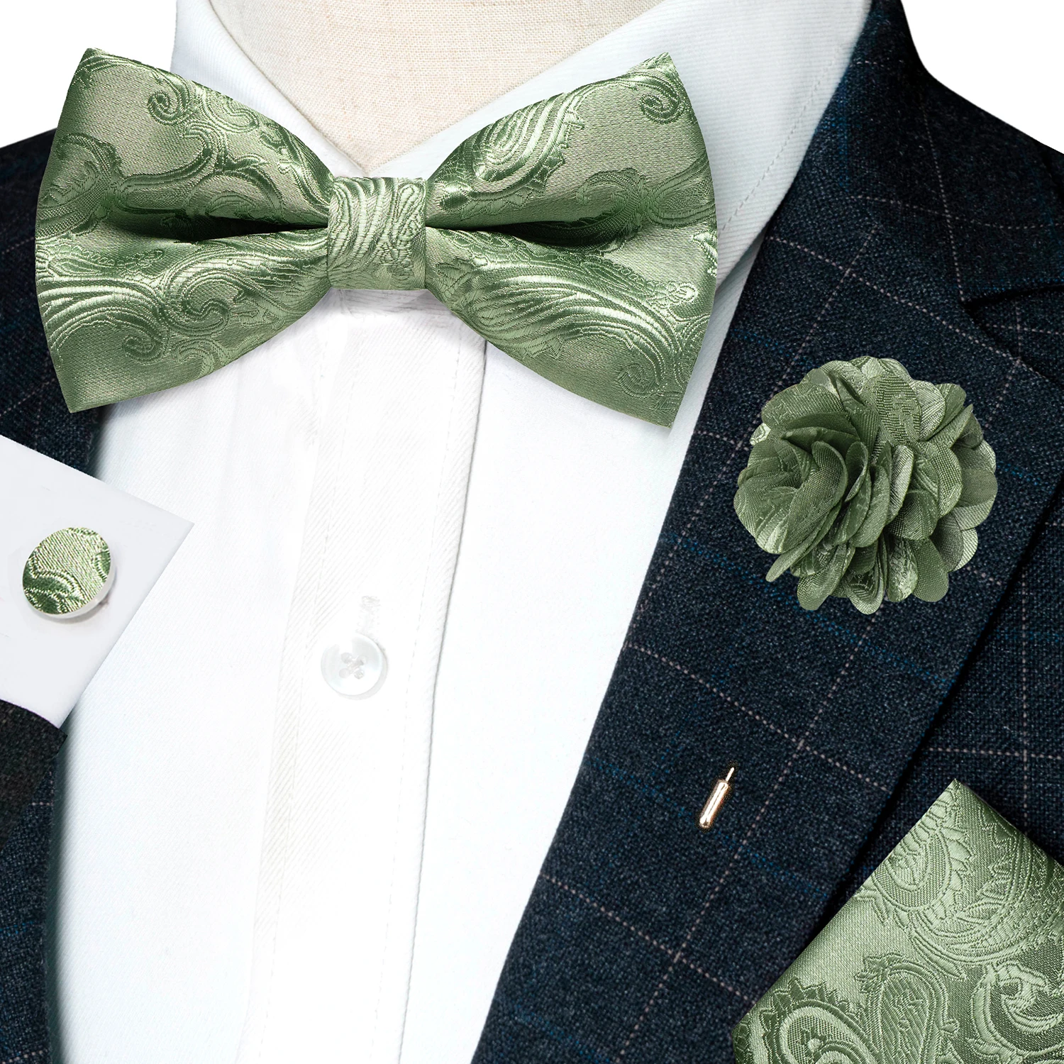 Klassische Herren-Fliege, brauner Jacquard, Paisley-Fliege, Einstecktuch, Manschettenknöpfe, Broschen-Set, Hochzeit, Party, Schmetterlingsknoten, Geschenk, Herren-Accessoires