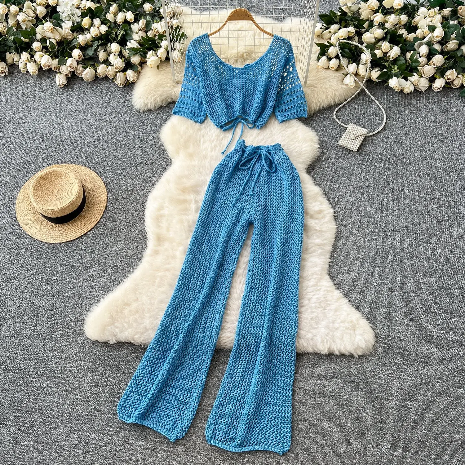 

Pant Set Women Two Piece Sets Hollow Out Matching Sets V Neck Knit Tops Wide Leg Long Pants Elastic Waist Lace Up Casual Loose