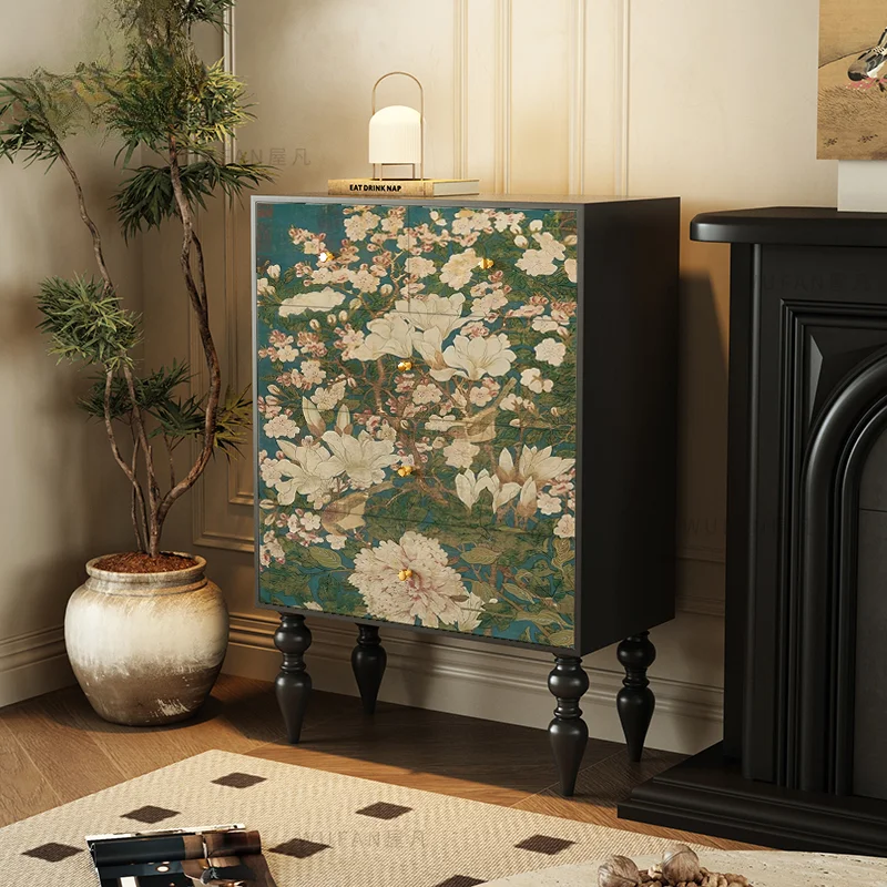 Kommode im antiken Stil, Blumen-Wohnzimmer, Zuhause, Spind mit hohen Beinen, Wandaufbewahrung, Dekoration, integrierte Kommode aus massivem Holz