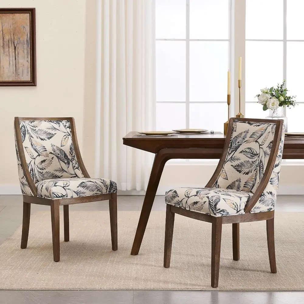 

Upholstered Dining Chairs Set of 2 with Curved High Back, Walnut Legs, Linen Floral Padded Seat for Home Office Use