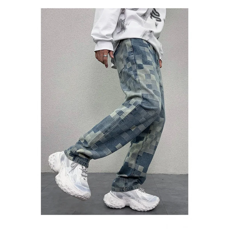 Light luxury mosaic fashionable printed design jeans men's fashionable retro loose straight mop wide leg leisure denim trousers