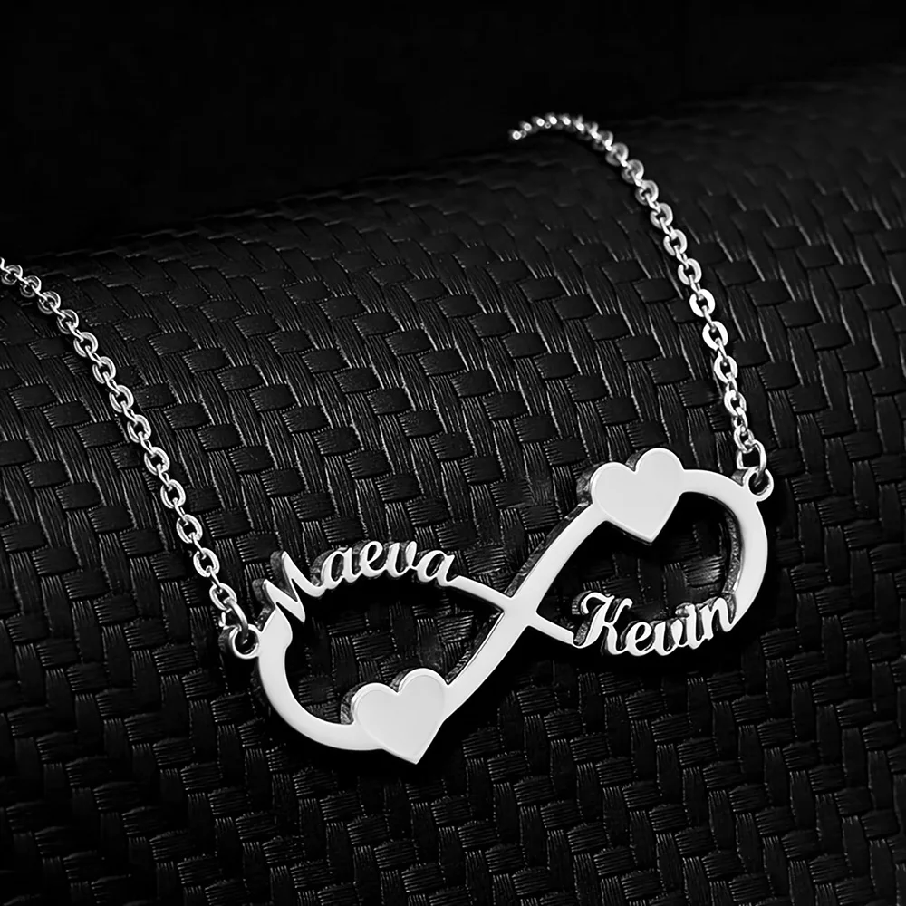 Collier avec nom personnalisé, pendentif en forme de cœur infini, plaque nominative personnalisée en acier inoxydable, bijoux élégants, cadeau pour femmes, anniversaire