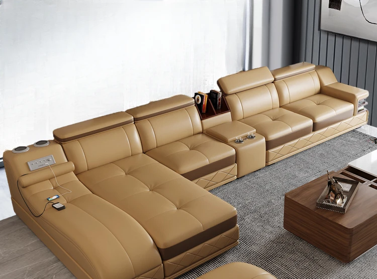 Massage leather sofa combination, modern and minimalist living room, villa furniture, intelligent size top layer cowhide sofa